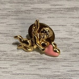 Goldtone Pin w/Painted Pink Heart Cupid Figure Vintage‎